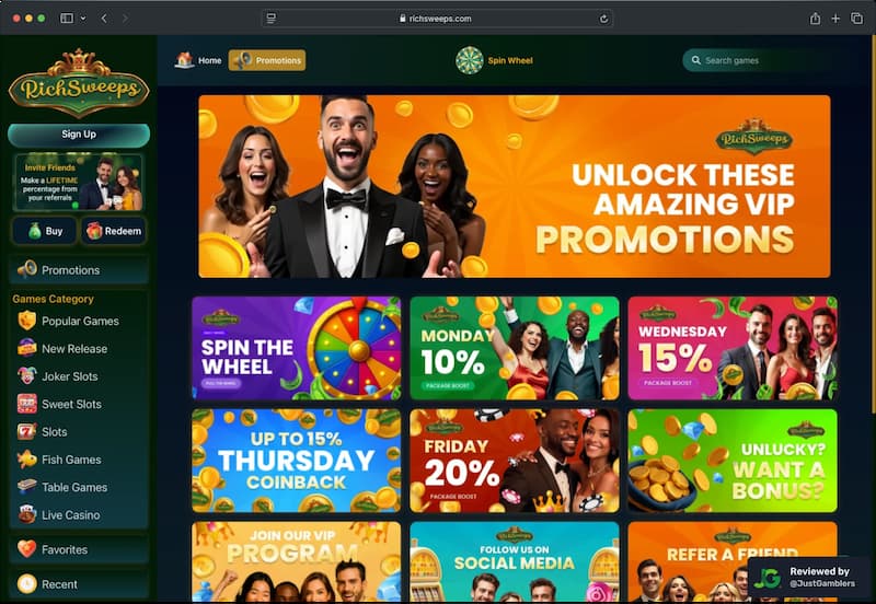 Desktop screenshot of the promo page at RichSweeps.