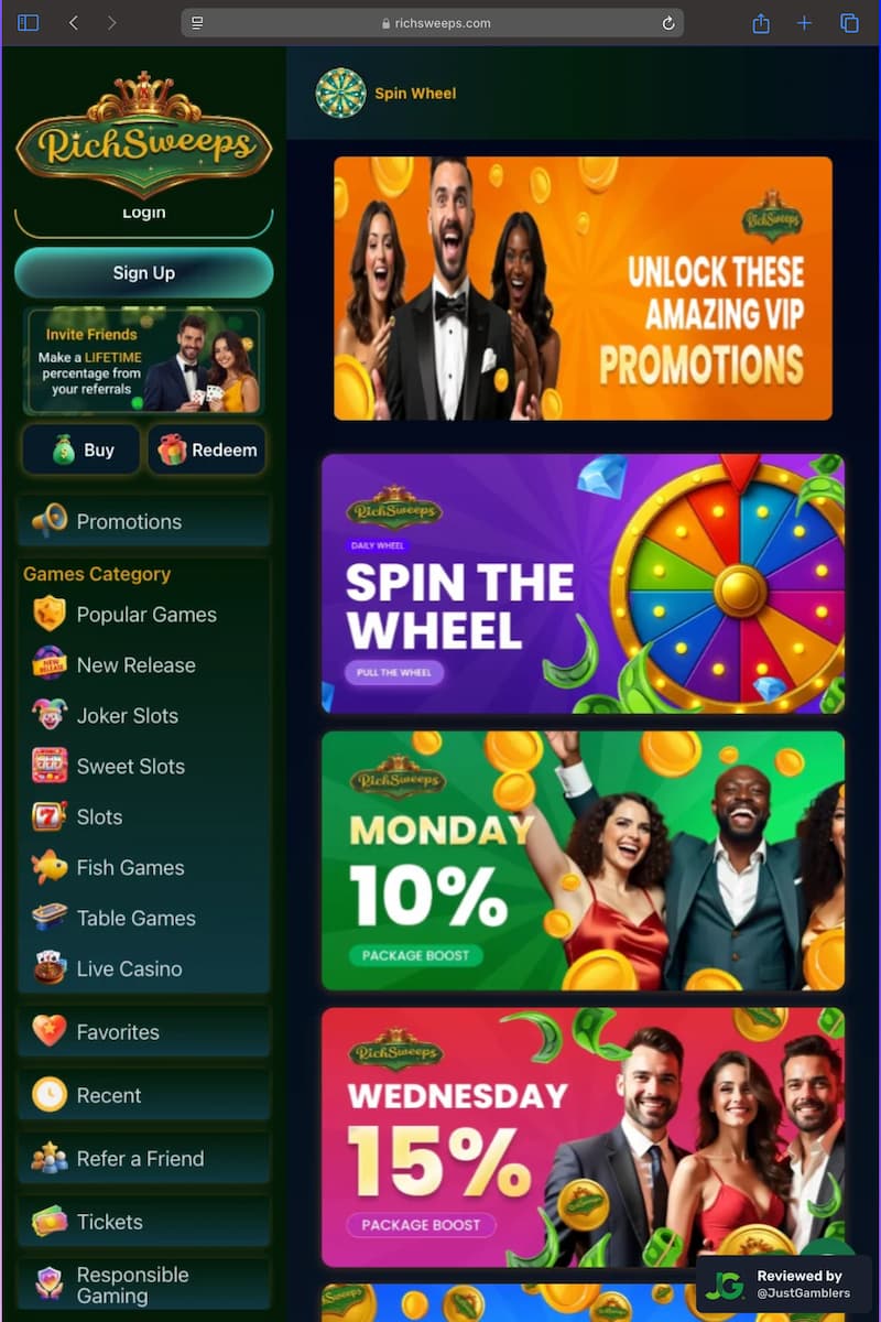 Tablet screenshot of the promo page at RichSweeps.