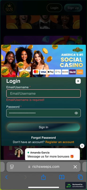Mobile screenshot of the registration page at RichSweeps.
