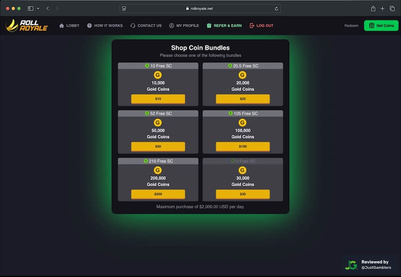 Desktop screenshot of the coin purchase process at Roll Royale.