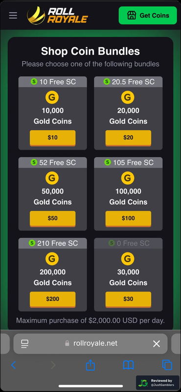 Mobile screenshot of the coin purchase process at Roll Royale.