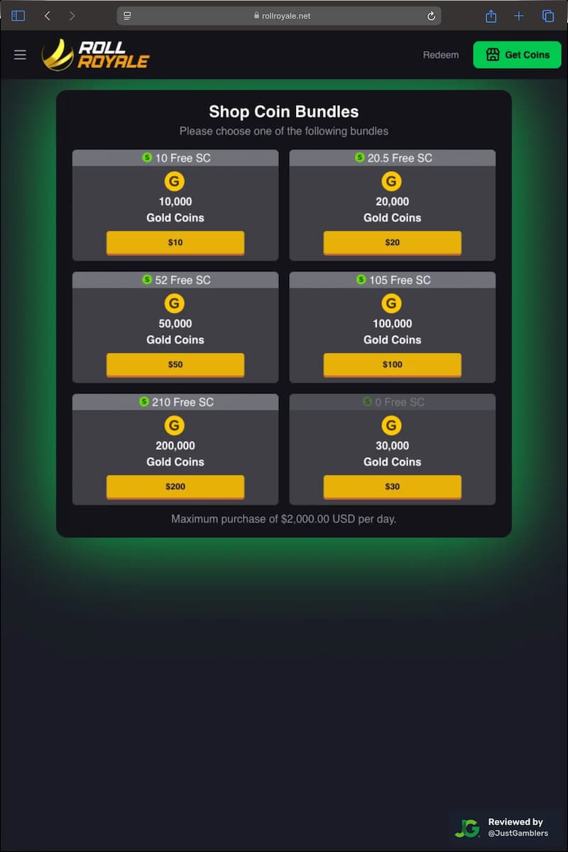Tablet screenshot of the coin purchase process at Roll Royale.