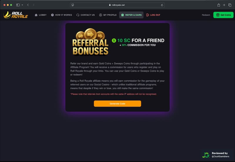 Desktop screenshot of the promo page at Roll Royale.