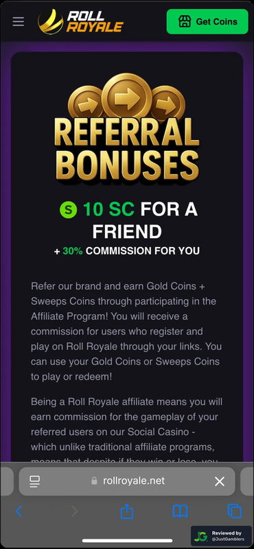 Mobile screenshot of the promo page at Roll Royale.