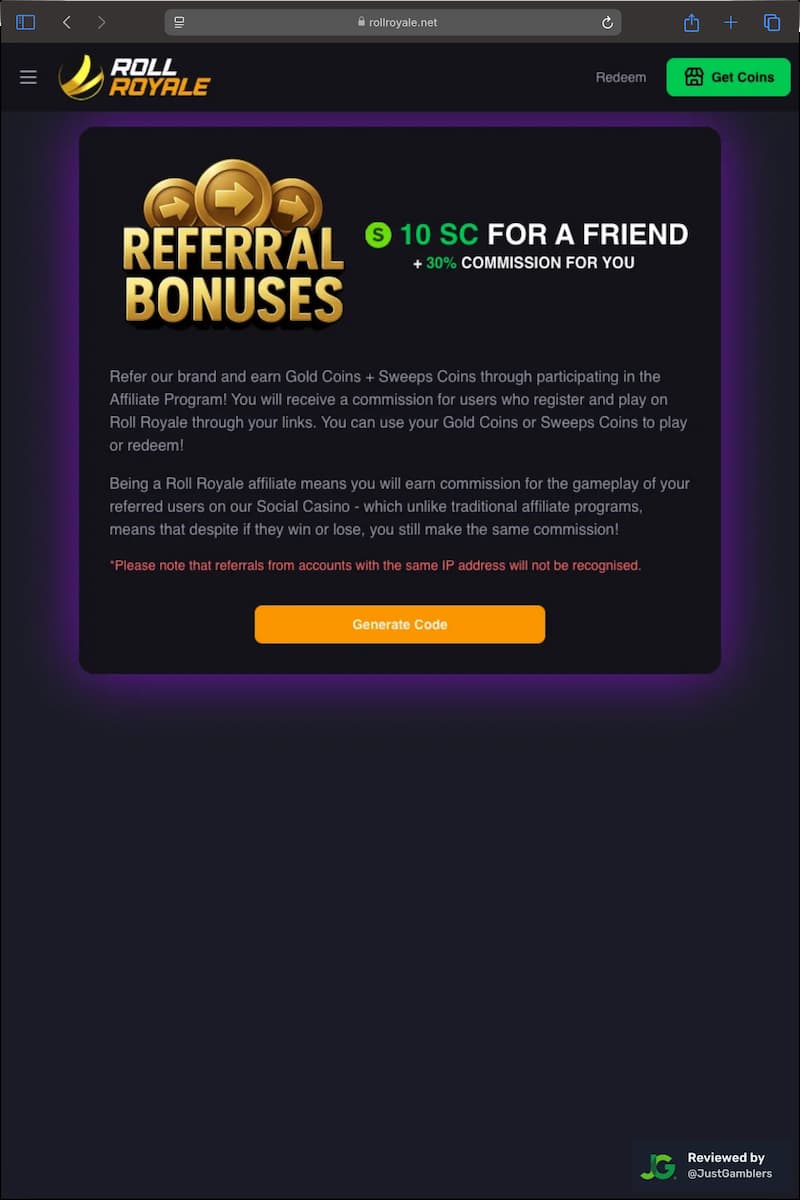 Tablet screenshot of the promo page at Roll Royale.