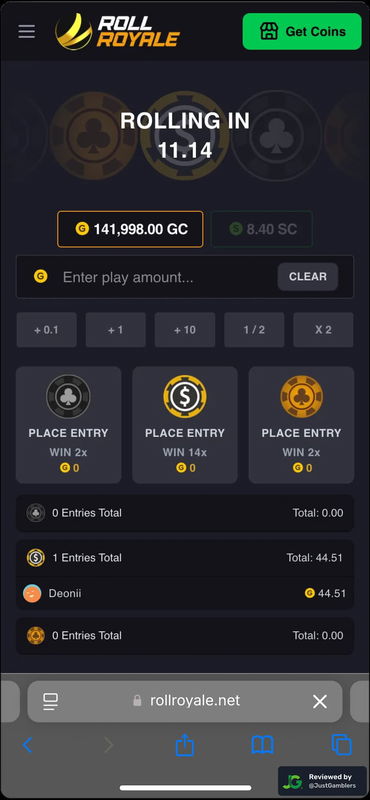 Mobile screenshot of the starting page at Roll Royale.