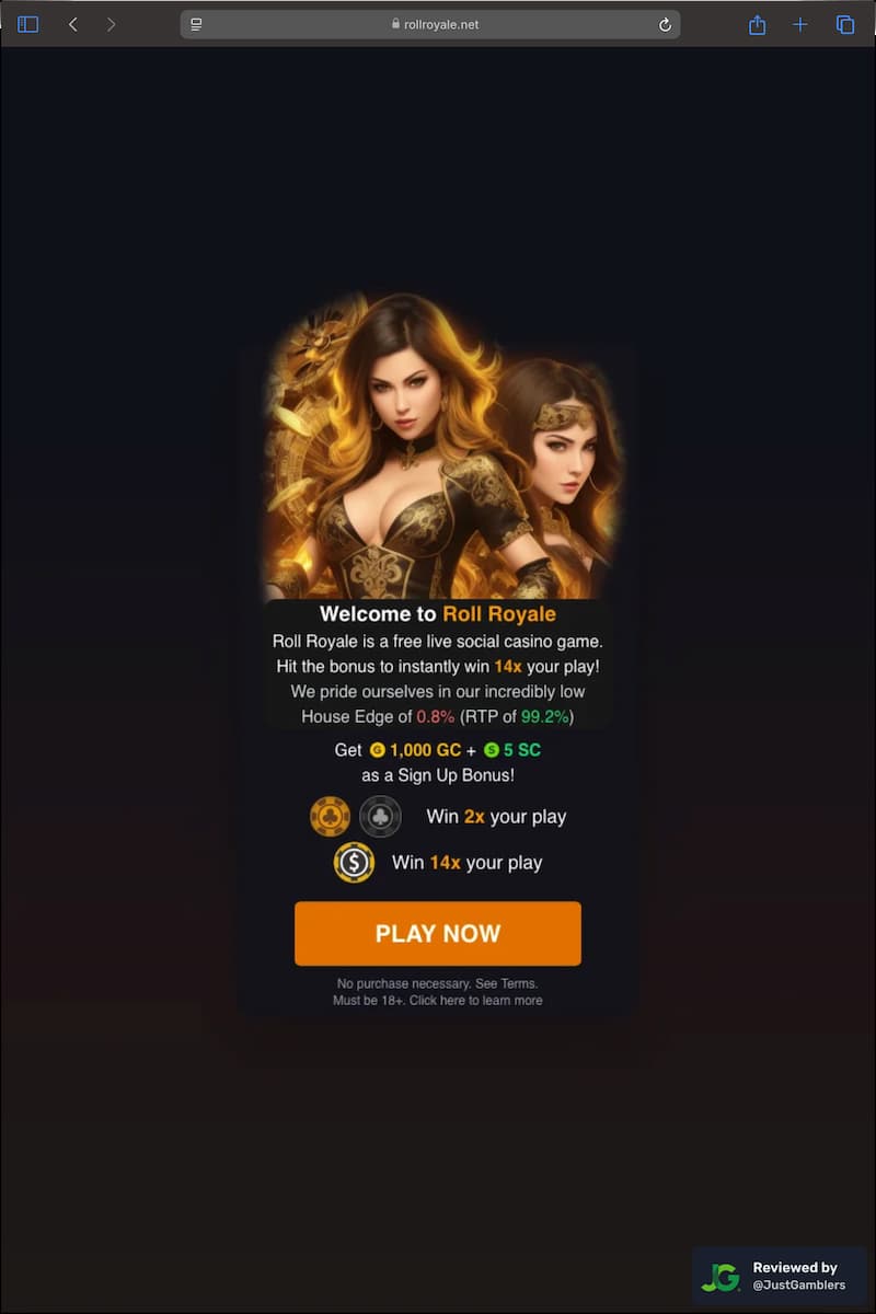 Tablet screenshot of the registration page at Roll Royale.