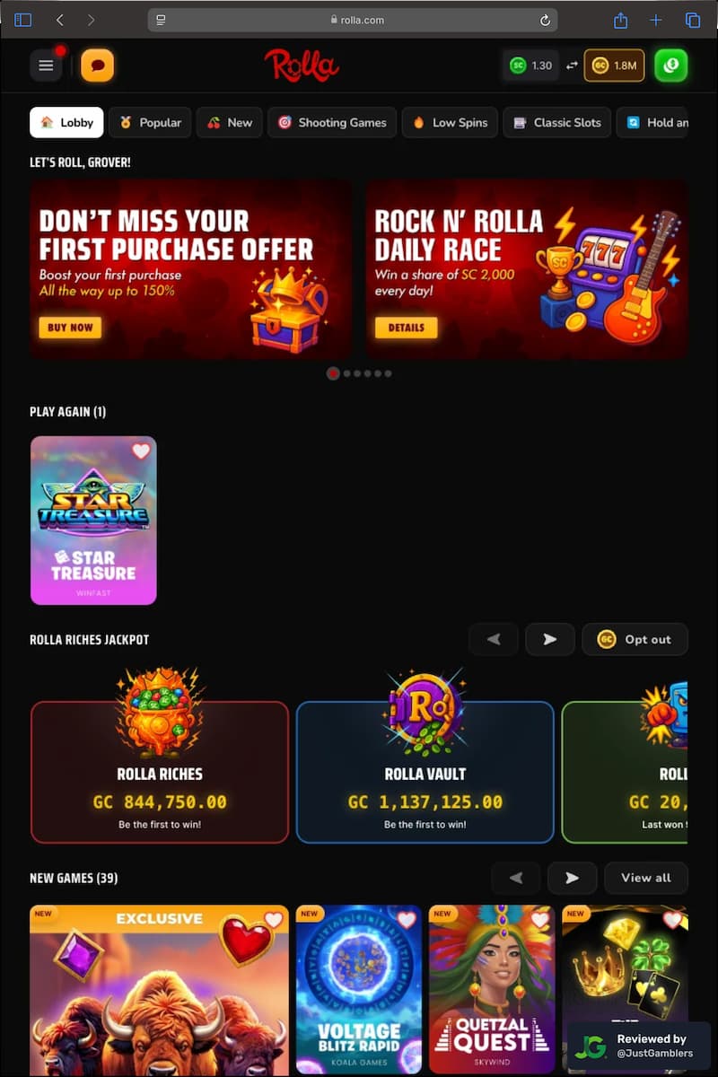 Tablet screenshot of the starting page at Rolla.