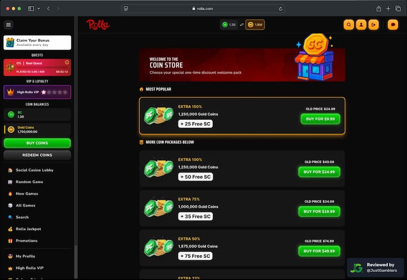 Desktop screenshot of the coin purchase process at Rolla.