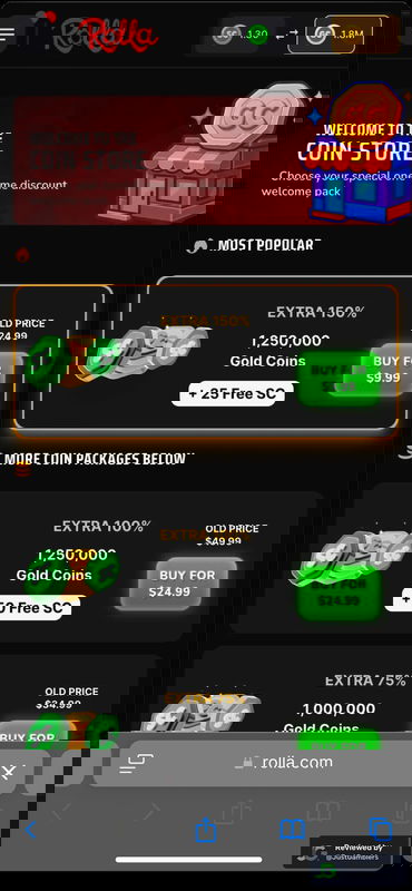 Mobile screenshot of the coin purchase process at Rolla.