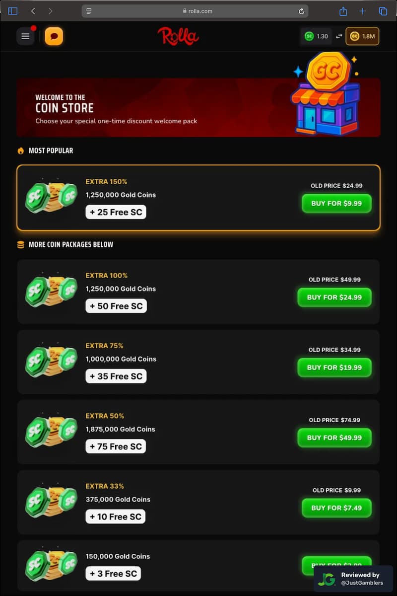 Tablet screenshot of the coin purchase process at Rolla.