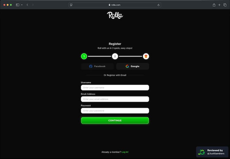Desktop screenshot of the registration page at Rolla.