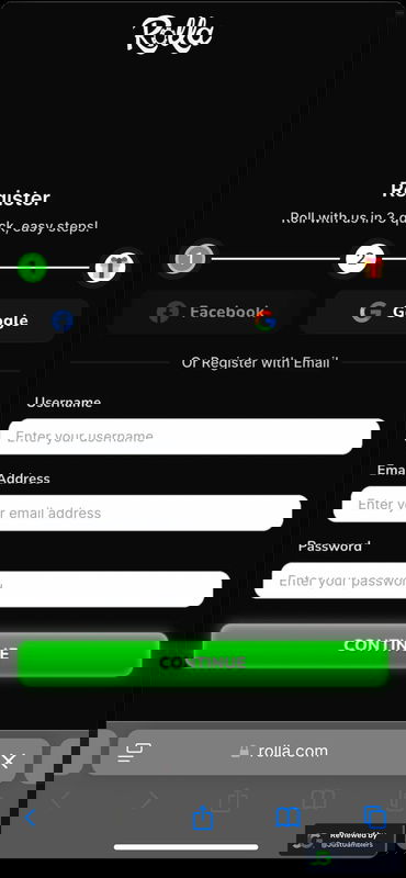Mobile screenshot of the registration page at Rolla.