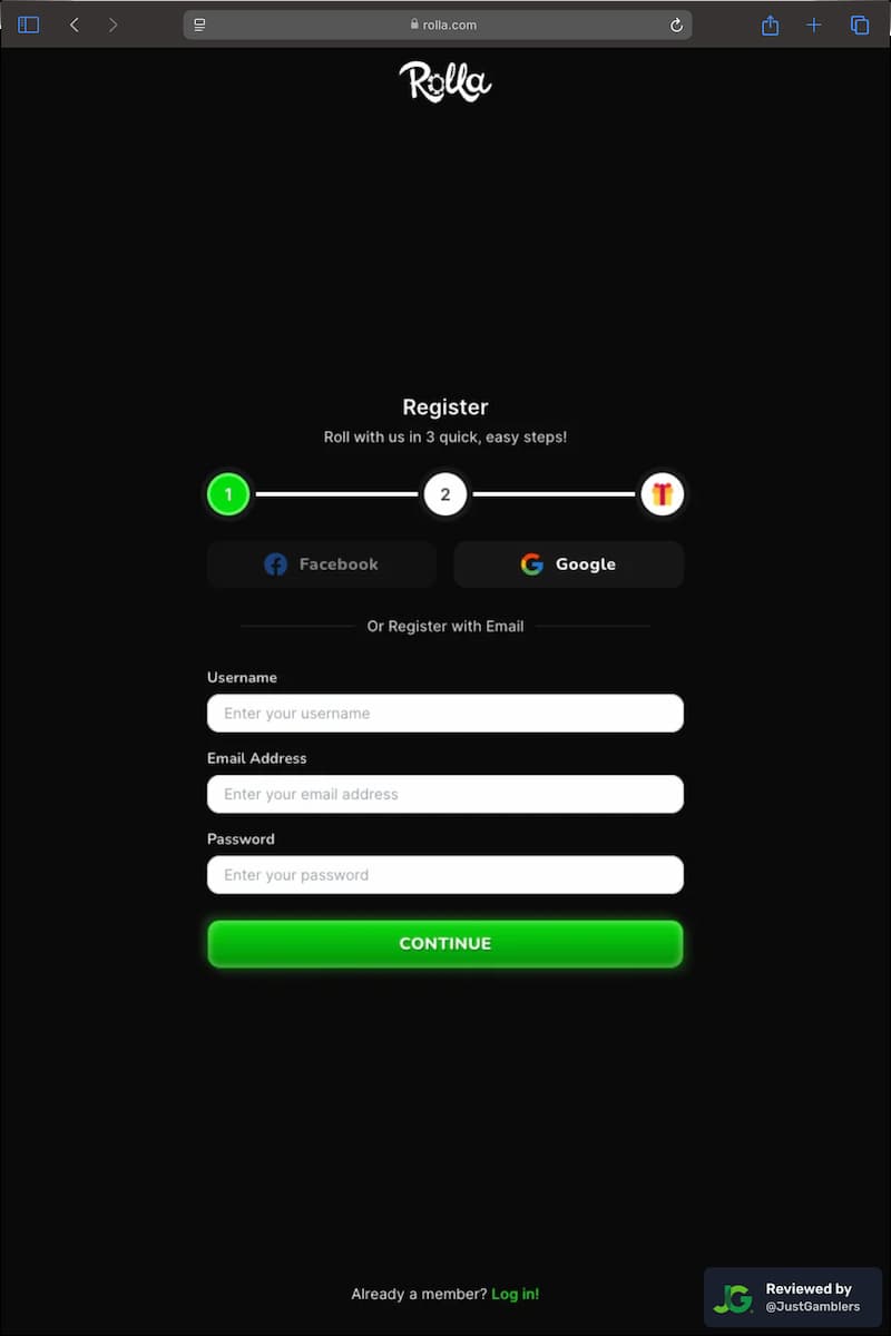Tablet screenshot of the registration page at Rolla.