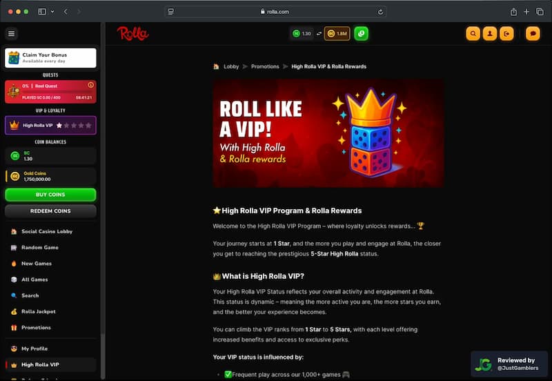 Desktop screenshot of the promo page at Rolla Casino.
