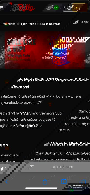 Mobile screenshot of the promo page at Rolla Casino.