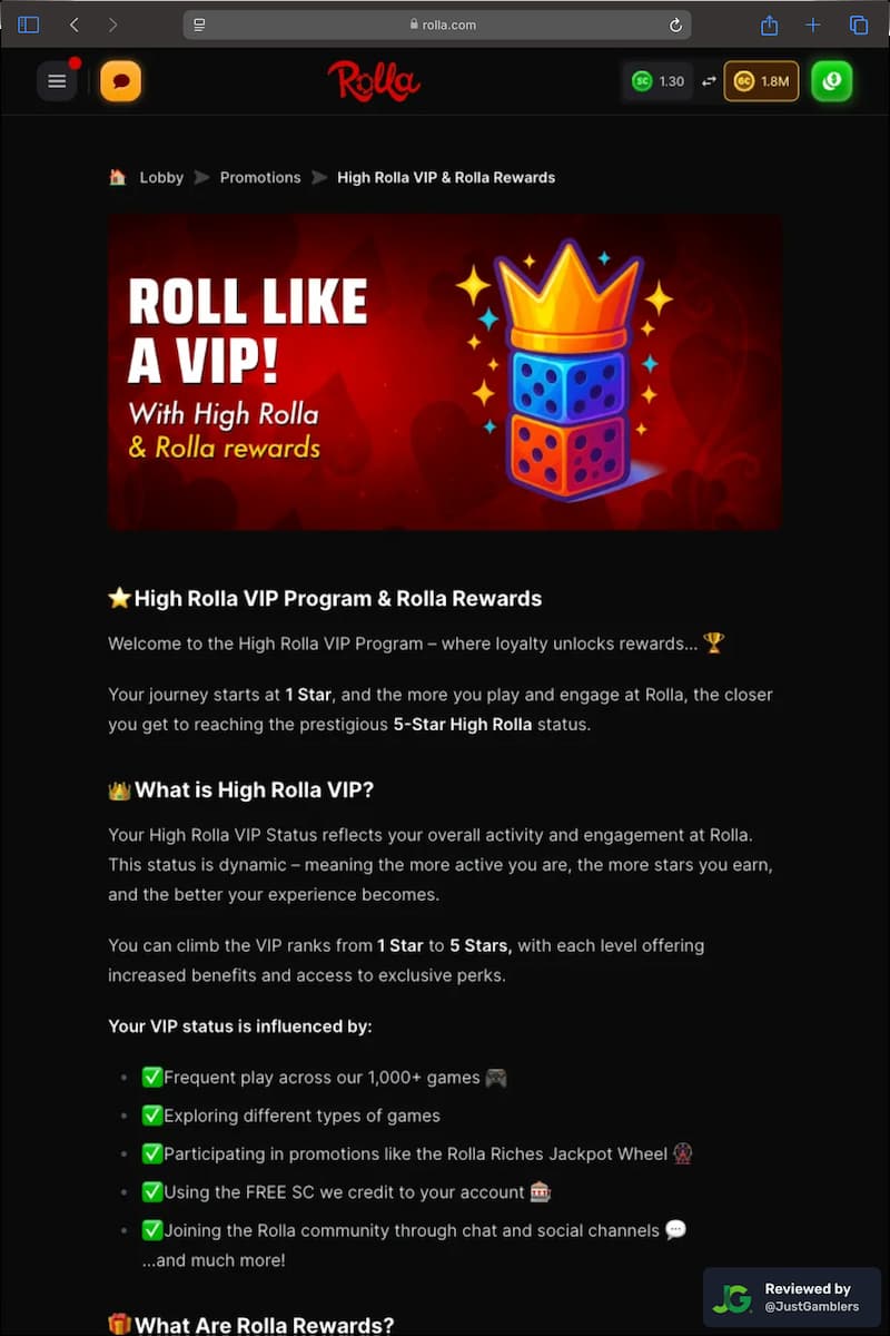 Tablet screenshot of the promo page at Rolla Casino.