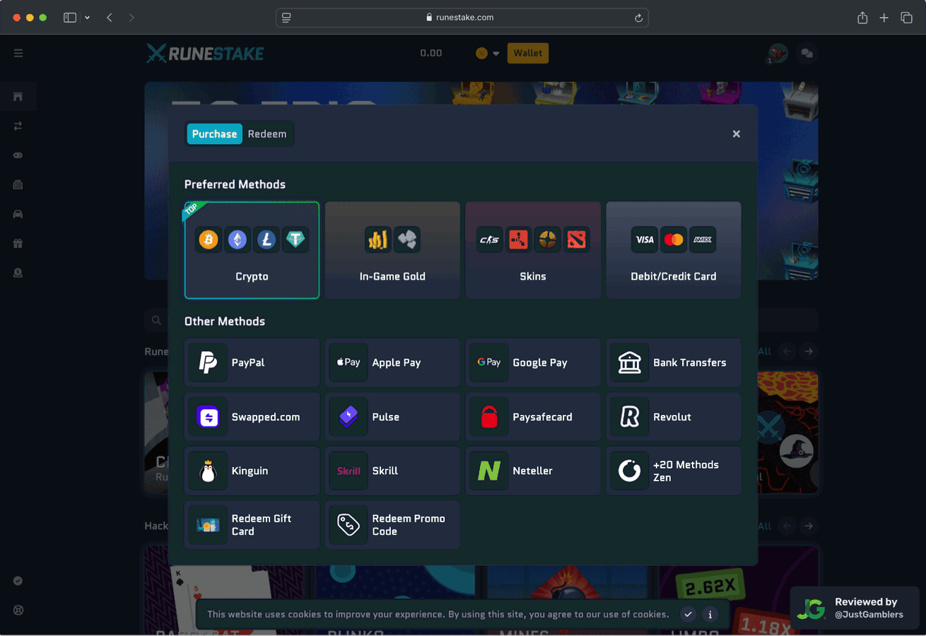 Desktop screenshot of the coin purchase process at RuneStake.