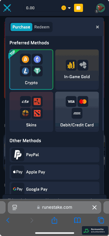 Mobile screenshot of the coin purchase process at RuneStake.