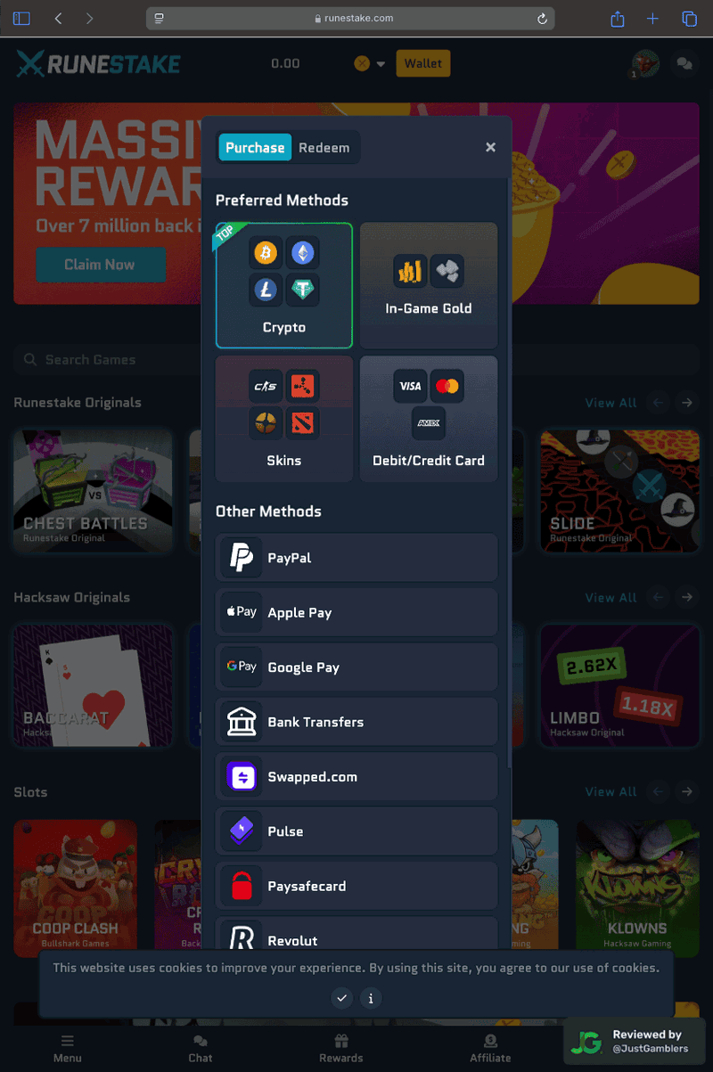 Tablet screenshot of the coin purchase process at RuneStake.