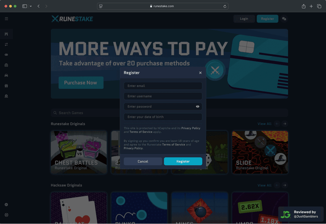 Desktop screenshot of the registration page at RuneStake.