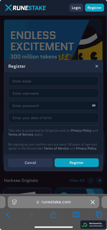 Mobile screenshot of the registration page at RuneStake.