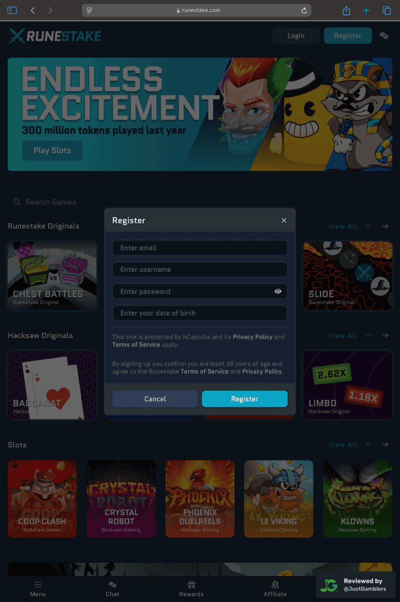 Tablet screenshot of the registration page at RuneStake.