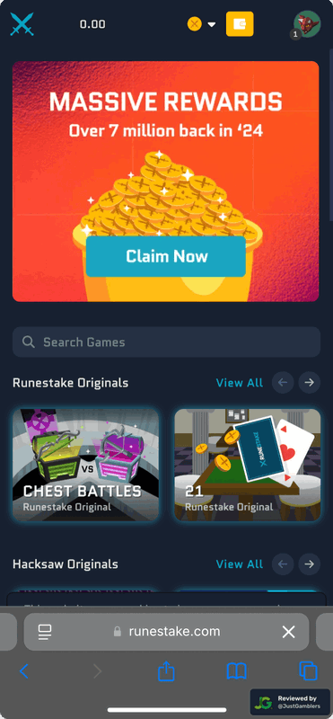 Mobile screenshot of the starting page at RuneStake.