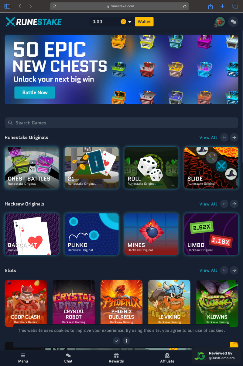 Tablet screenshot of the starting page at RuneStake.