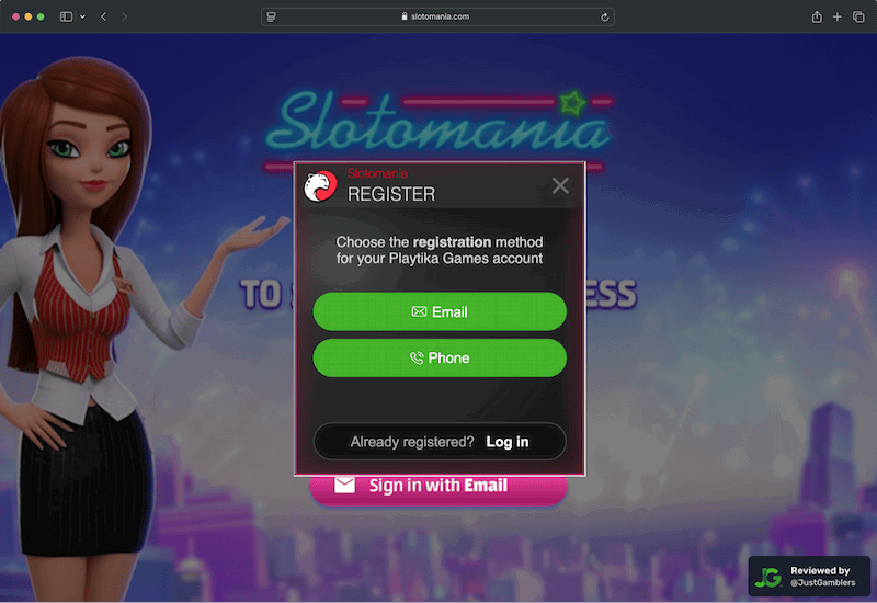 Desktop screenshot of the registration page at Slotomania.