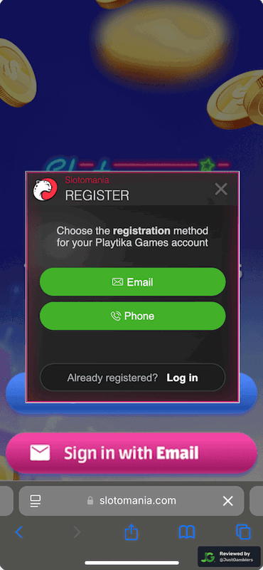 Mobile screenshot of the registration page at Slotomania.