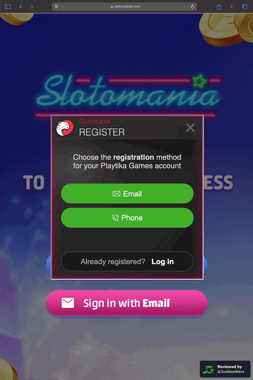 Tablet screenshot of the registration page at Slotomania.