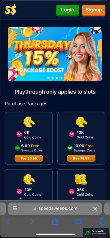 Mobile screenshot of the coin purchase process at SpeedSweeps.