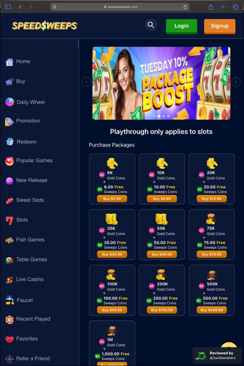 Tablet screenshot of the coin purchase process at SpeedSweeps.
