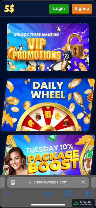 Mobile screenshot of the promo page at SpeedSweeps.