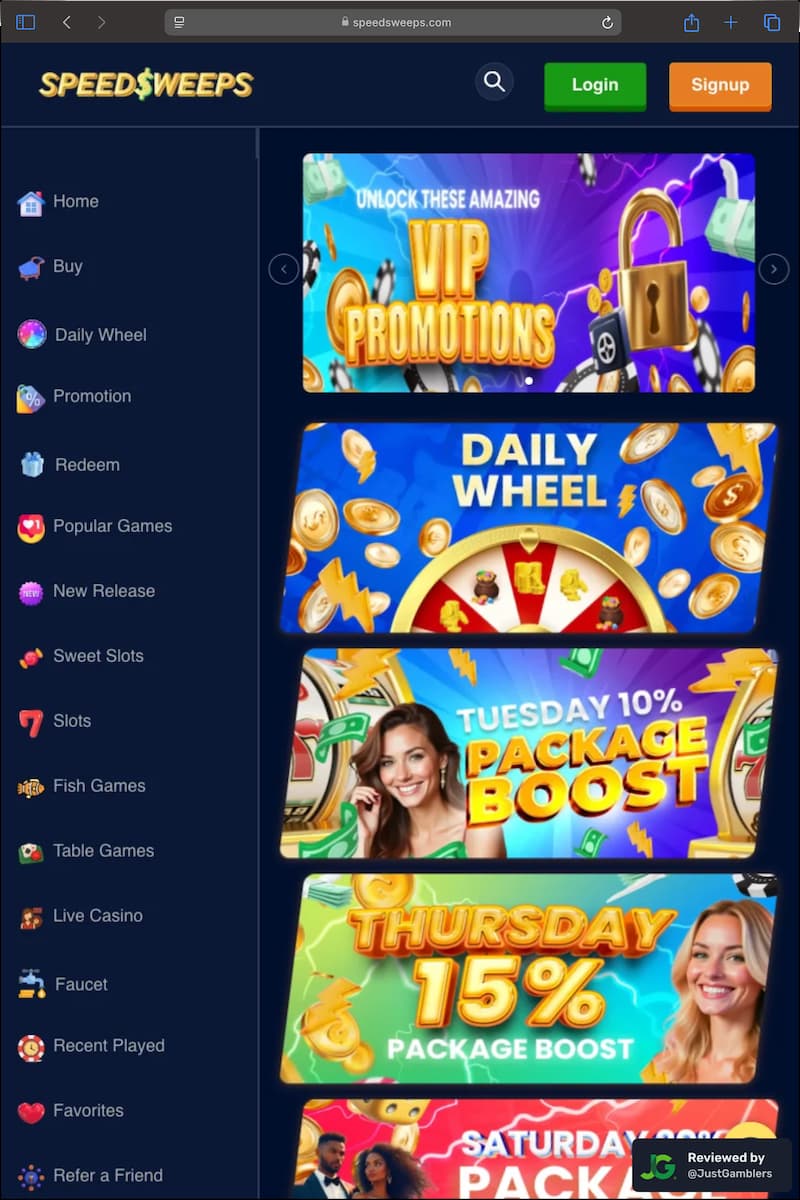 Tablet screenshot of the promo page at SpeedSweeps.