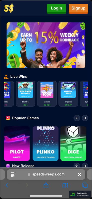 Mobile screenshot of the starting page at SpeedSweeps.