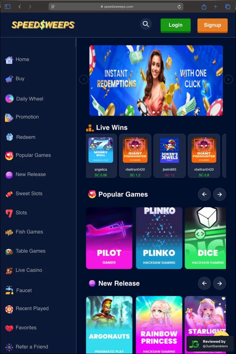 Tablet screenshot of the starting page at SpeedSweeps.