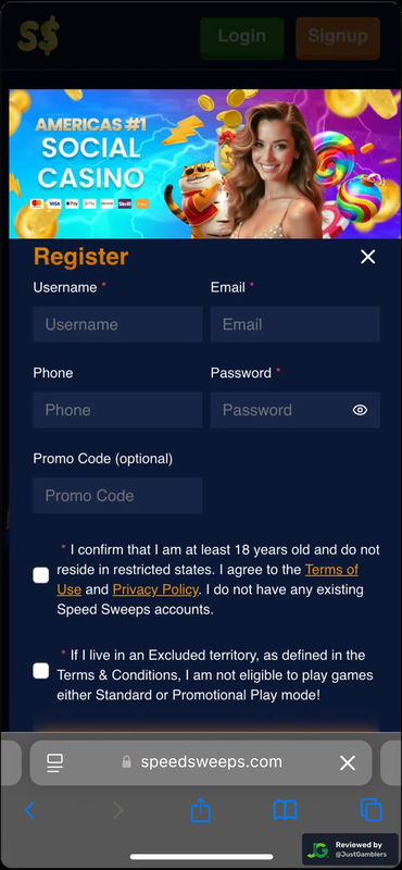 Mobile screenshot of the registration page at SpeedSweeps
