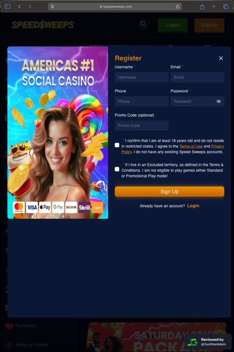 Tablet screenshot of the registration page at SpeedSweeps