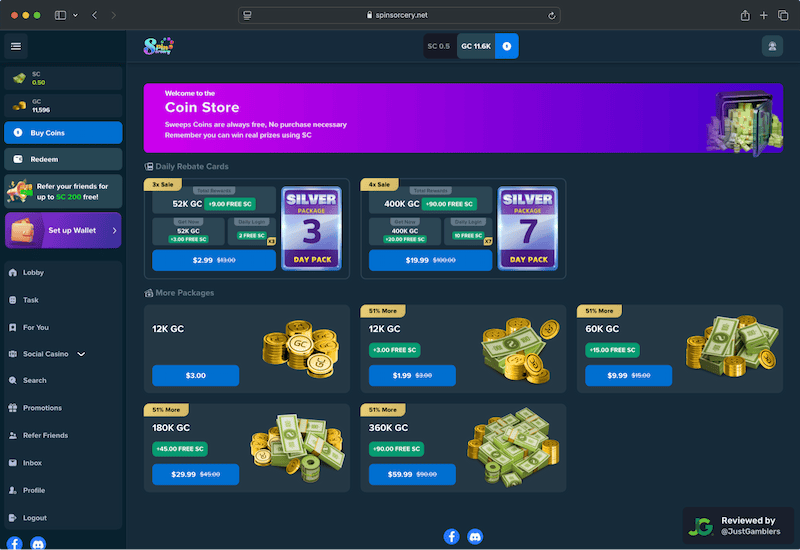 Desktop screenshot of the coin purchase process at Spin Sorcery.