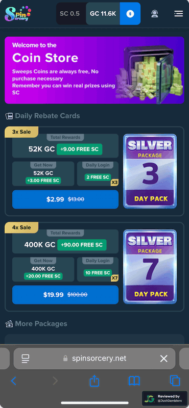 Mobile screenshot of the coin purchase process at Spin Sorcery.