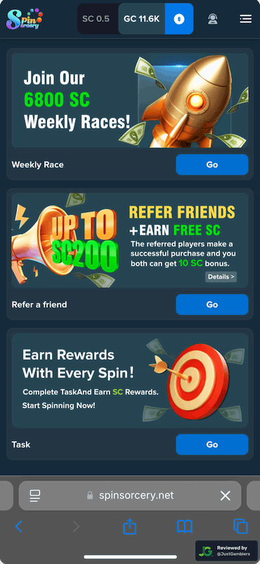 Mobile screenshot of the promo page at Spin Sorcery.