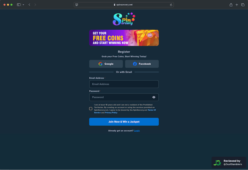 Desktop screenshot of the registration page at Spin Sorcery.