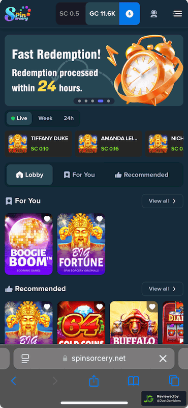 Mobile screenshot of the starting page at Spin Sorcery.