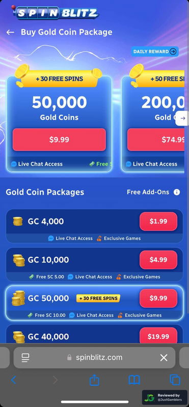 Mobile Screenshot of SpinBlitz Coin Purchase Page