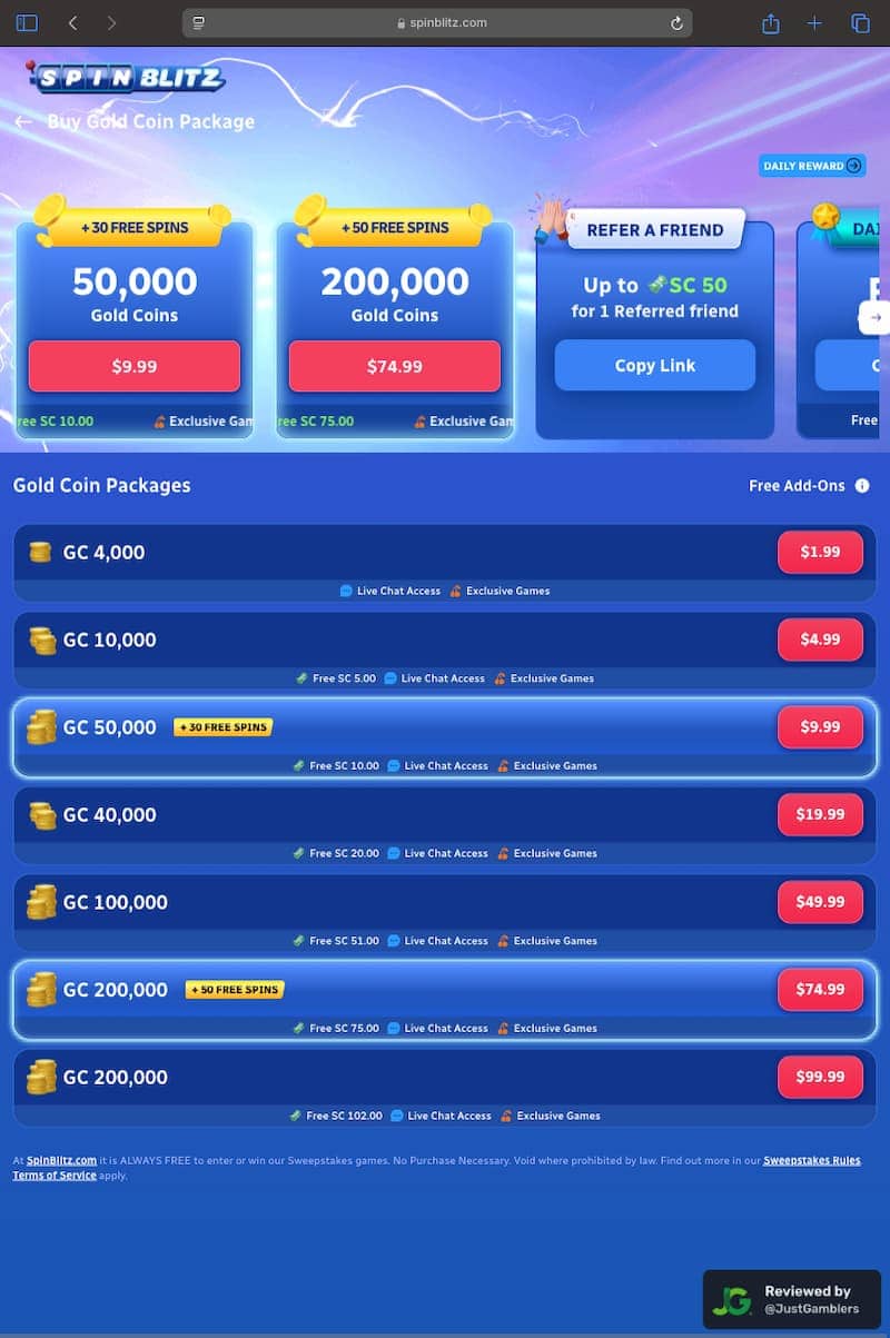 Tablet Screenshot of SpinBlitz Coin Purchase Page