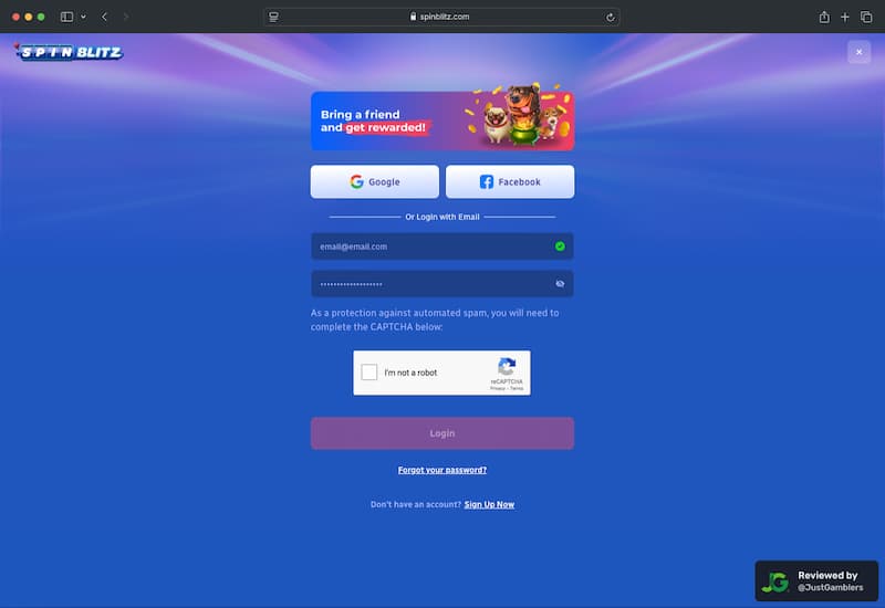 Desktop Screenshot of SpinBlitz Registration Page