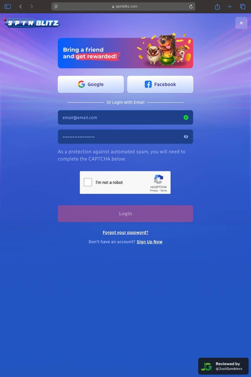 Tablet Screenshot of SpinBlitz Registration Page