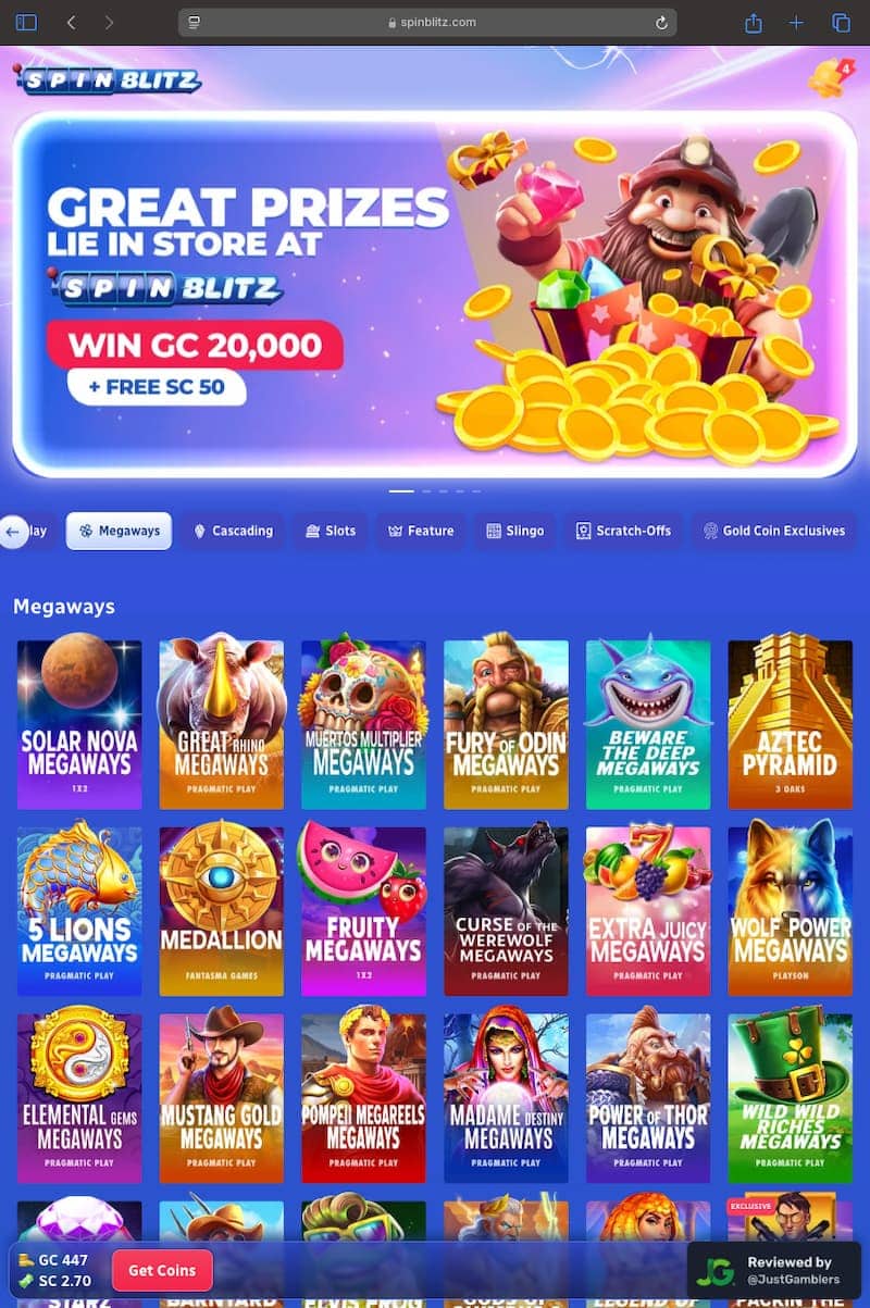 Tablet Screenshot of SpinBlitz Starting Page